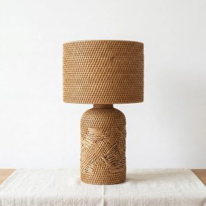 Timbera woven rattan table lamp with decorative patterned base for home lighting