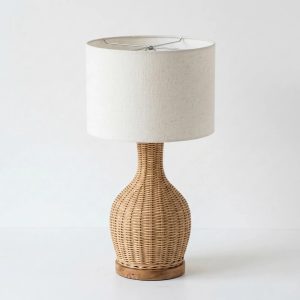Timbera natural woven rattan table lamp with solid wood base and fabric shade for home decor lighting