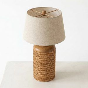 Timbera natural woven rattan table lamp with wood accent and fabric shade for stylish home lighting