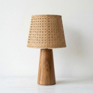 Timbera tapered wood table lamp with woven rattan shade for modern and boho home decor