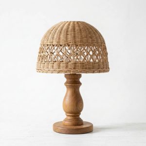 Timbera teardrop woven rattan table lamp with linen shade for boho and modern home decor